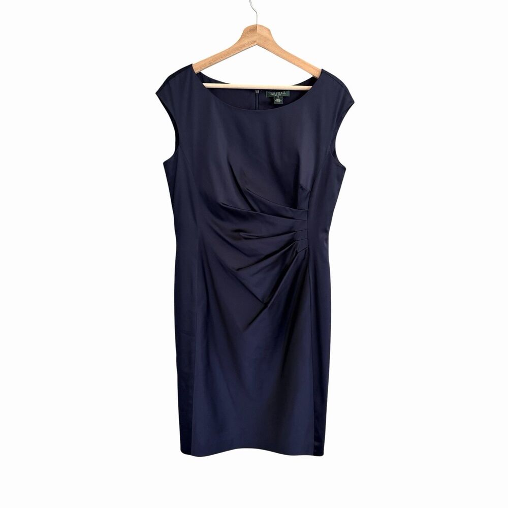 Lauren Ralph Lauren Navy Stretch Satin Cocktail Dress Size 14 Evening Old Money